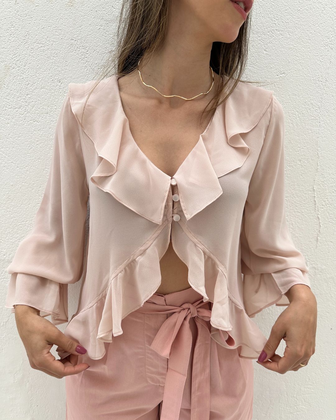 Bata Boho com Babados e Botão Rosa Tulipa