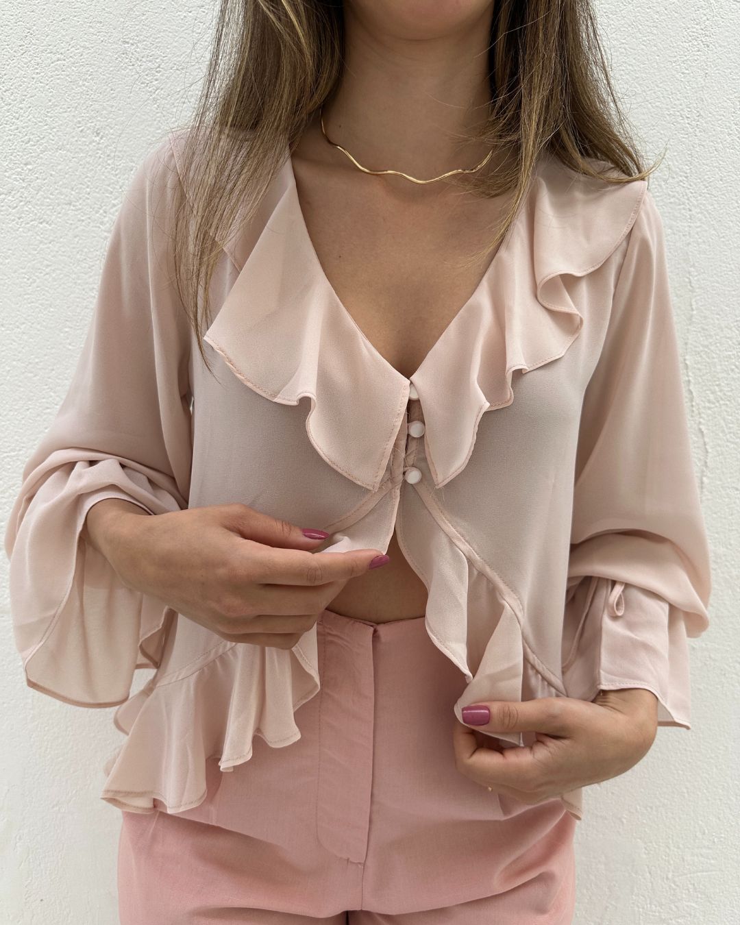 Bata Boho com Babados e Botão Rosa Tulipa