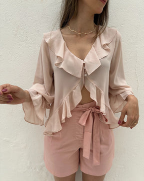 Bata Boho com Babados e Botão Rosa Tulipa