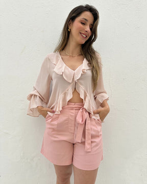 Bata Boho com Babados e Botão Rosa Tulipa