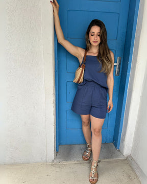 Blusa de Alça com Amarração e Detalhes em Botão Azul Cobalto Guaraná