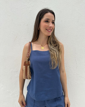 Blusa de Alça com Amarração e Detalhes em Botão Azul Cobalto Guaraná