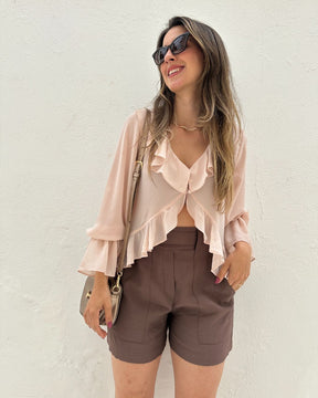 Bata Boho com Babados e Botão Rosa Tulipa